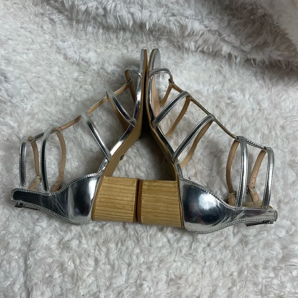 Nanette Lepore metallic silver T ankle straps sandals back zipper block 2” heels